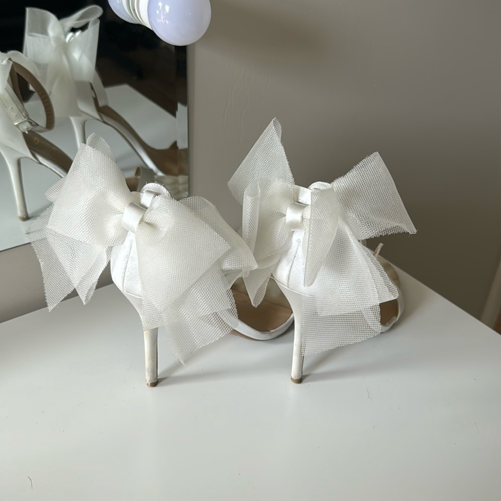 Lulus Ayanna Ivory Satin Bow Ankle Strap High Heel Sandals